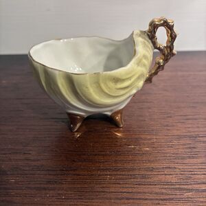 Vintage Tea Cup Patel Green And White On Pedestal Gold Legs And Handle. 2”-2.5”